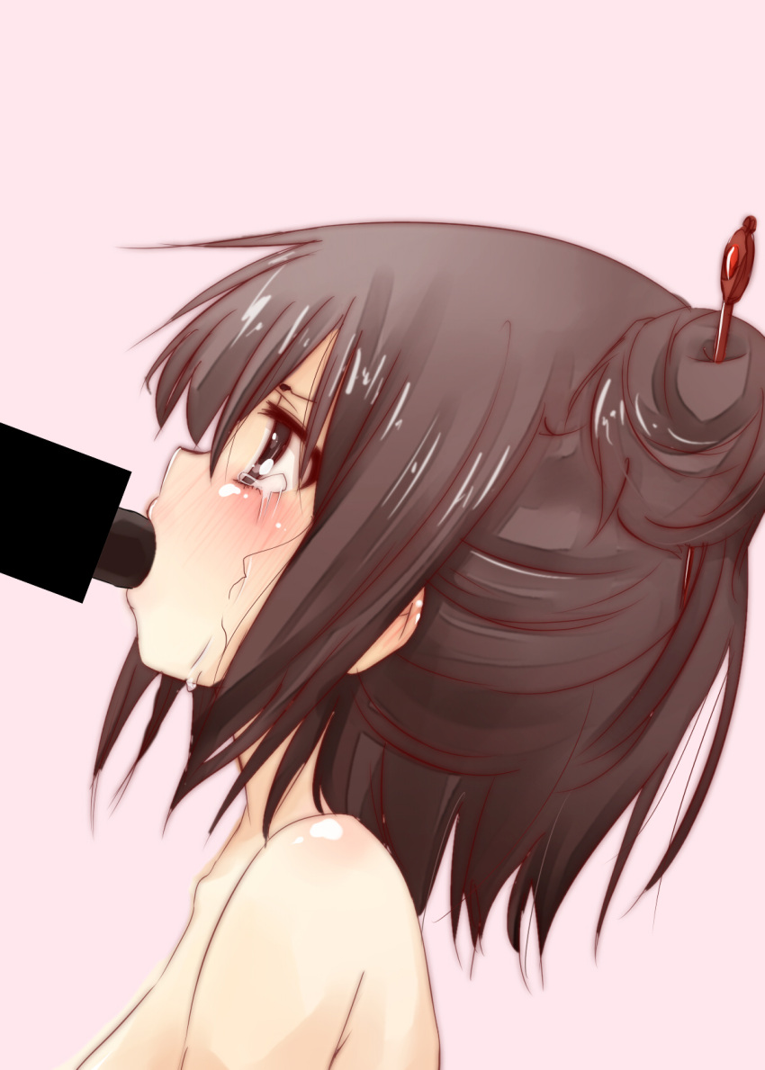 bad_id bad_pixiv_id blush brown_eyes brown_hair ehoumaki fellatio female food from_side hair_ornament hair_stick highres katanakko_daisuki looking_up makizushi mouth_hold nude oral original setsubun sexually_suggestive simulated_fellatio solo sushi tears