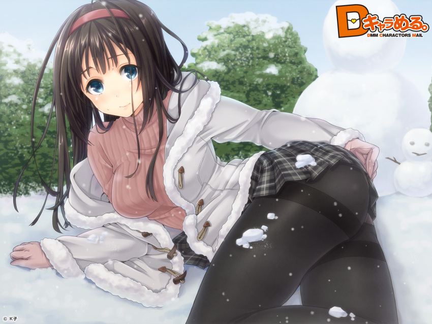 aqua_eyes ass black_pantyhose courreges_ace dmm female gloves hairband highres hood hooded_jacket jacket long_hair looking_at_viewer lying miniskirt off_shoulder on_side original panties panties_under_pantyhose pantyhose plaid plaid_skirt pleated_skirt skirt snow snowing snowman solo sweatdrop sweater thighband_pantyhose turtleneck underwear white_panties