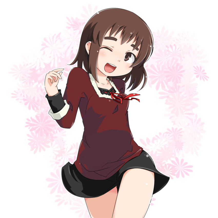 brown_eyes brown_hair commentary_request female highres kurabayashi_aya mitsudomoe_(manga) one_eye_closed skirt smile solo thick_eyebrows yoshioka_yuki