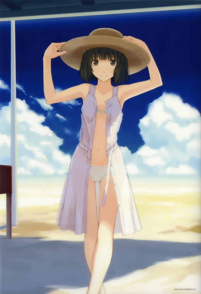 absurdres bare_shoulders beach bikini black_eyes black_hair blue_sky cloud crossed_legs day dress female front-tie_top hat highres kimi_kiss looking_at_viewer open_clothes outdoors see-through shijou_mitsuki short_hair sky smile solo standing sun_hat swimsuit takayama_kisai white_bikini white_dress