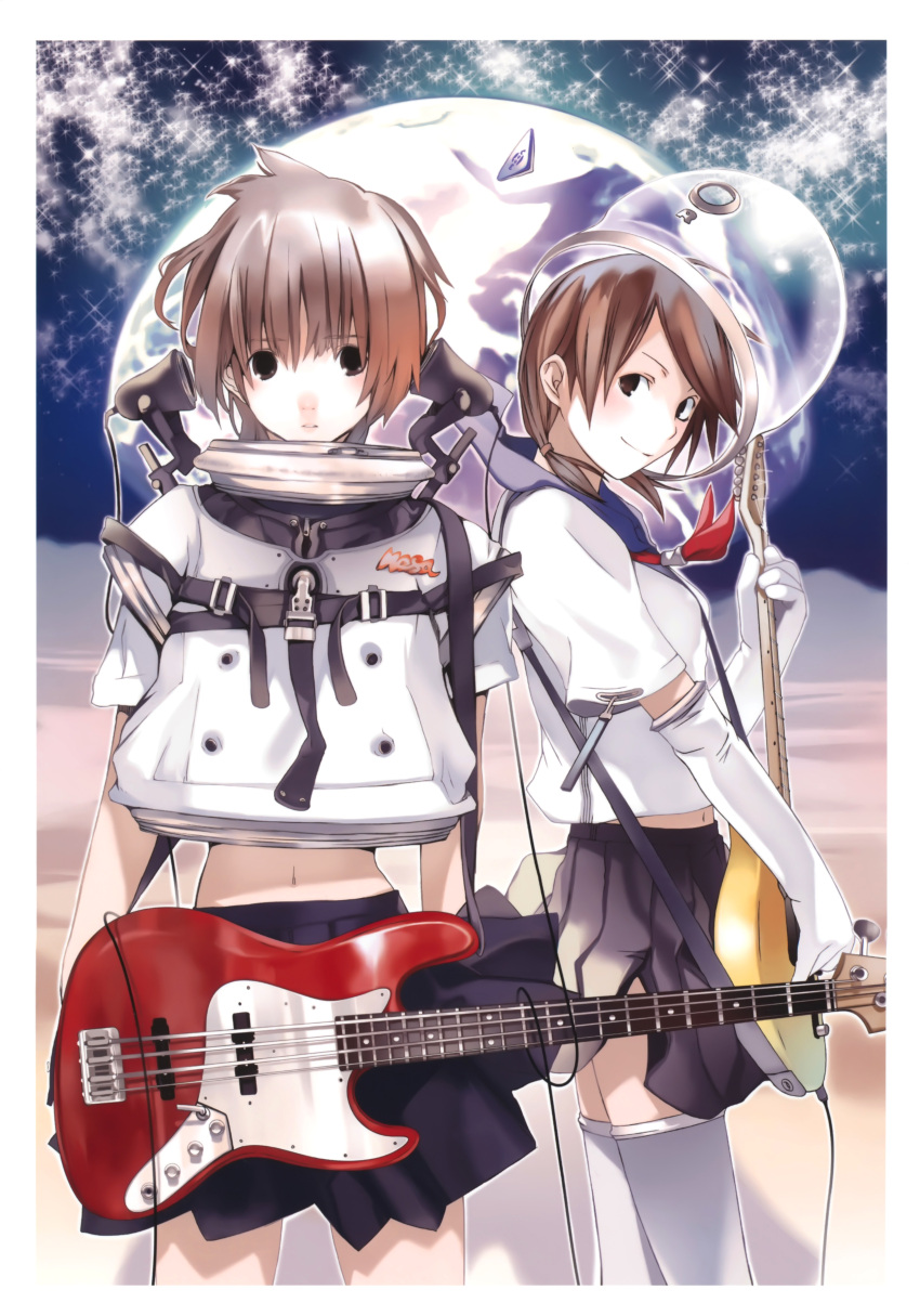 2girls absurdres astronaut bass_guitar brown_eyes brown_hair elbow_gloves fender_jazz_bass gloves helmet highres houden_eizou instrument looking_at_viewer low_twintails midriff multiple_girls navel original pleated_skirt school_uniform serafuku short_hair skirt smile sparkle thighhighs twintails white_gloves white_legwear yasuda_suzuhito