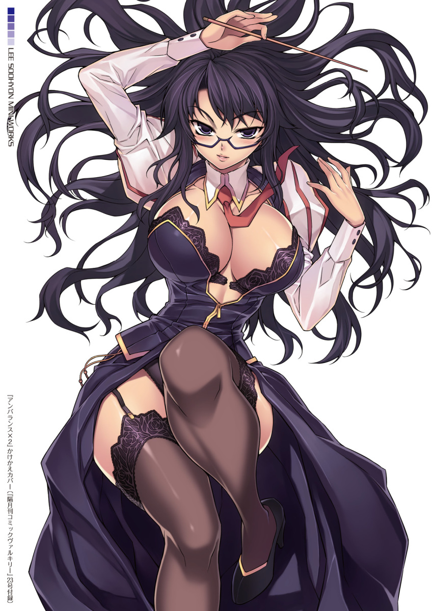 black_bra black_hair black_panties black_thighhighs bra breasts cleavage female garter_straps glasses hae-young_na high_heels highres lace lace-trimmed_legwear lace_trim large_breasts lingerie lips long_hair looking_at_viewer narrow_waist necktie panties pointer puffy_sleeves purple_eyes shoes solo soo-hyon_lee thighhighs unbalance_unbalance underwear wand