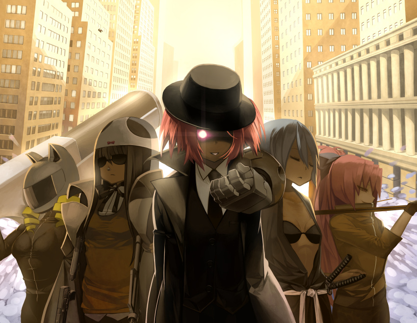 5girls absurdres akemi_homura animal_helmet black_bra blue_hair bow bra building buttons celty_sturluson celty_sturluson_(cosplay) city closed_eyes coat commentary_request cosplay durarara!! expressionless female_pervert food formal fusion glowing glowing_eye glowing_eyes gun gundam gundam_age gundam_age-1 gundam_age-1_titus hairbow handgun hat helmet highres kaname_madoka katana kyuubee lineup lingerie long_hair mahou_shoujo_madoka_magica mahou_shoujo_madoka_magica_(anime) mechanical_arms miki_sayaka multiple_girls necktie object_on_head open_clothes open_shirt outstretched_arm overcoat panties panties_on_head parody pervert pocky ponytail sakura_kyoko sakuraop sheath sheathed shirt short_hair short_twintails single_mechanical_arm suit sunglasses sword tomoe_mami twintails underwear weapon