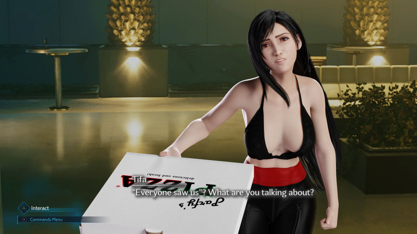 1girls 3d bikini bl4cc3d blender cleavage dialogue female female_only final_fantasy final_fantasy_vii final_fantasy_vii_remake italian_senate_hack light-skinned_female meme pizza red_eyes ruined_reputation square_enix text tifa_lockhart