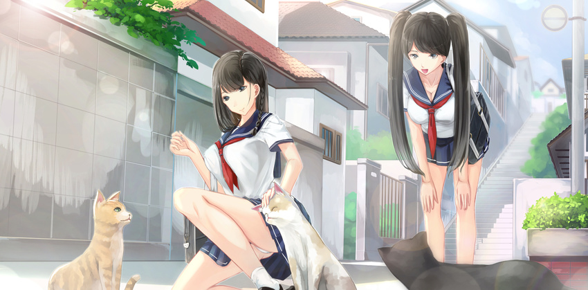 2girls bad_id bad_pixiv_id black_eyes black_hair braid feline headpat highres kikivi leaning_forward long_hair multiple_girls on_one_knee open_mouth original panties pantyshot school_uniform serafuku smile stairs twintails underwear