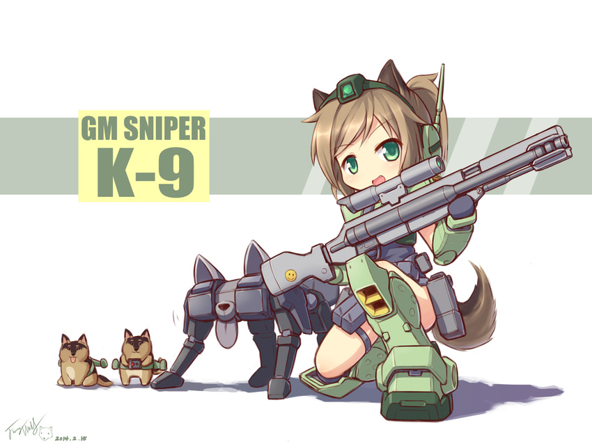 animal_ears animalization brown_hair canine character_name chinese_commentary commentary_request dog_ears dog_tail female gm_sniper_k9 green_eyes gun gundam gundam_build_fighters highres langbazi mecha_musume oerba_yun_fang photoshop_(medium) ponytail rifle smiley_face sniper_rifle tail weapon