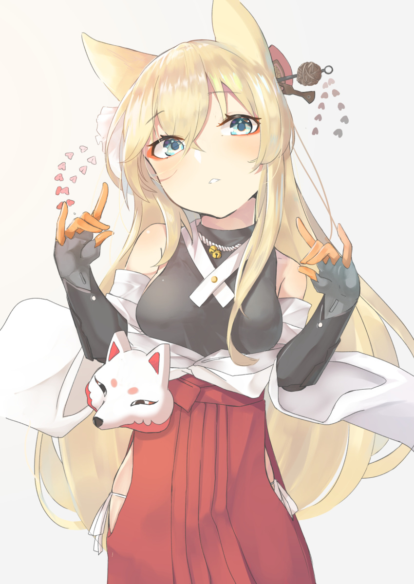 alternate_costume animal_ears bare_shoulders blonde_hair blue_eyes blush breasts commentary_request crossed_bangs double_fox_shadow_puppet female fox_mask fox_shadow_puppet g41_(girls'_frontline) girls'_frontline gloves grey_background hair_between_eyes hair_ornament hakama hakama_skirt head_tilt highres hip_vent japanese_clothes long_hair looking_at_viewer mask simple_background skirt small_breasts smile solo tittu twintails very_long_hair