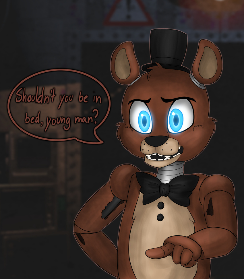 2015 ambiguous_gender animatronic anthro bear black_nose blue_eyes bow_(feature) bow_tie brown_body brown_fur button_(fastener) clothing detailed_background dialogue english_text exposed_endoskeleton five_nights_at_freddy's five_nights_at_freddy's_2 fur gesture glowing glowing_eyes hand_gesture hat headgear headwear hi_res machine mammal open_mouth pointing pointing_at_viewer robot scottgames solo speech_bubble tan_body tan_fur teeth text toasterdraws_(artist) top_hat withered_freddy_(fnaf)