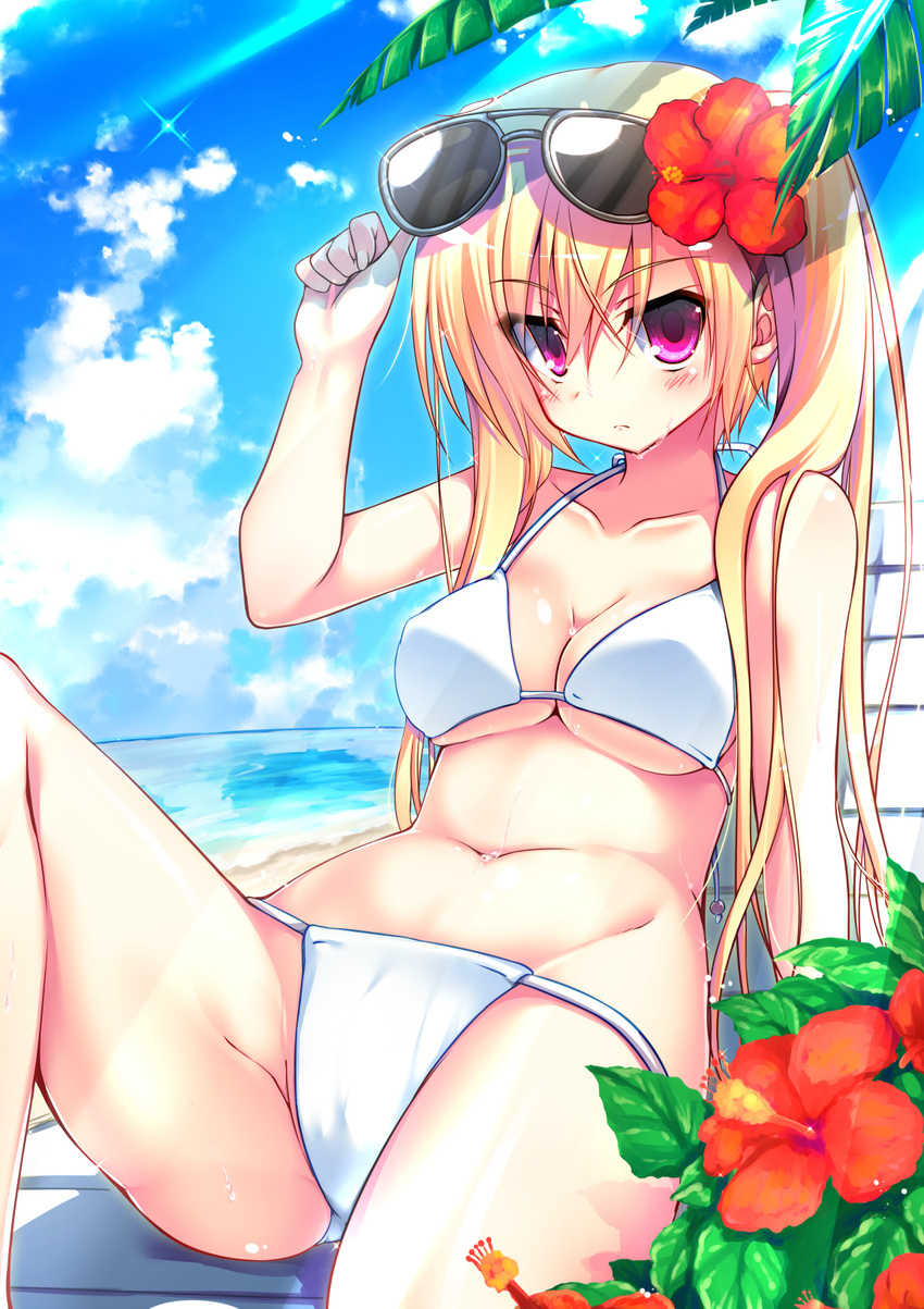 bad_id bad_pixiv_id beach bikini blonde_hair breasts chair cleavage day eyewear_on_head female flower hair_flower hair_ornament hibiscus highres inose_riku large_breasts long_hair lounge_chair lying navel on_back original outdoors purple_eyes solo sunglasses swimsuit twintails underboob white_bikini