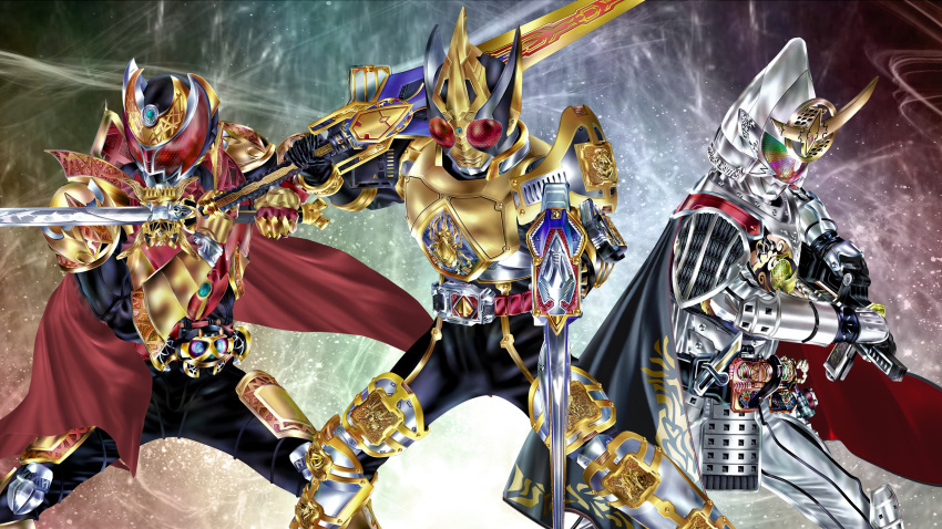 3boys absurdres armor black_cape cape commentary_request dual_wielding full_armor gold_armor highres holding holding_sword holding_weapon kamen_rider kamen_rider_blade kamen_rider_blade_(king_form) kamen_rider_blade_(series) kamen_rider_gaim kamen_rider_gaim_(kiwami_arms) kamen_rider_gaim_(series) kamen_rider_kiva kamen_rider_kiva_(emperor_form) kamen_rider_kiva_(series) king_rouzer kuzurx multicolored_eyes multiple_boys red_cape red_eyes sword tokusatsu visor weapon