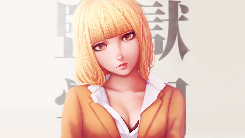 blonde_hair bra breasts brown_eyes cleavage gray kangoku_gakuen midorikawa_hana miura_naoko short_hair underwear