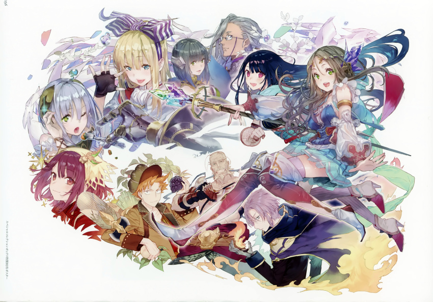 absurdres angriff_dahlmann atelier_(series) atelier_firis bag black_hair blonde_hair blue_eyes blush boots bow braid brown_eyes brown_hair drossel_weissberg escha_malier firis_mistlud glasses gloves green_eyes hair_ornament hairbow highres ilmeria_von_leinweber kald_lau liane_mistlud long_hair looking_at_viewer multiple_boys multiple_girls noco_(adamas) official_art oskar_behlmer plachta red_eyes revy_berger scan short_hair skirt smile sophie_neuenmuller thighhighs very_long_hair white_hair yuugen