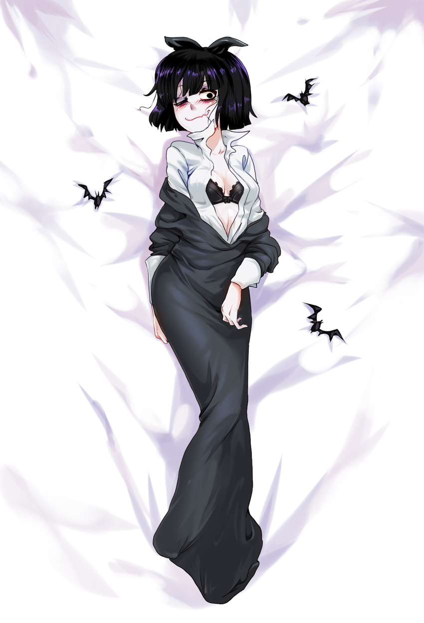 bat_(animal) black_dress black_eyes blush bra breasts commentary_request creepy_suzie dakimakura_(medium) dress female full_body hair_ribbon highres jcm2 medium_breasts one_eye_closed open_clothes open_shirt purple_hair ribbon shirt smile solo the_oblongs underwear wavy_mouth