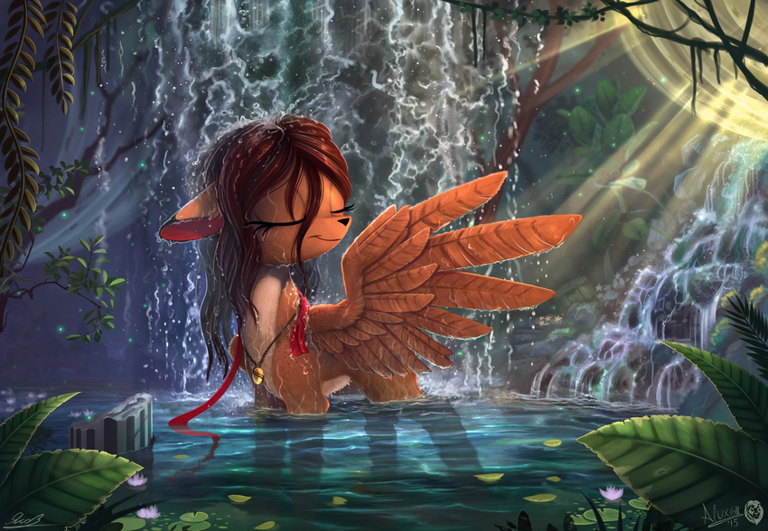 2015 brown_body brown_hair brown_wings closed_eyes collaboration deer detailed_background equid equine fan_character feathered_wings feathers female glowing hair hasbro hi_res hybrid jewelry lily_pad mammal my_little_pony mythological_creature mythological_equine mythology necklace outside pegasus plant signature sirzi smile solo water waterfall wet_hair wings yakovlev-vad