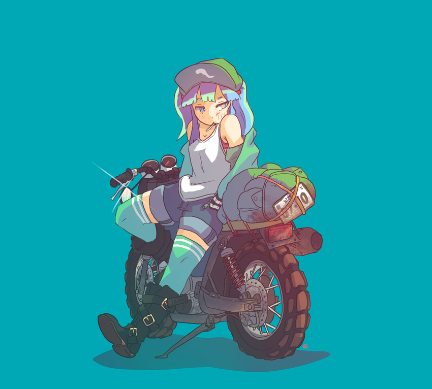 aqua_background aqua_thighhighs backpack bag bare_shoulders belt_boots black_footwear blue_eyes blue_hair blush boots bra bra_strap buckle candy casual commentary_request denim denim_shorts female food full_body glint green_background green_jacket green_thighhighs hair_bobbles hair_ornament hat highres jacket kawashiro_nitori lemon_gear_(absent_lights) lollipop looking_away looking_to_the_side motor_vehicle motorcycle mouth_hold off_shoulder open_clothes open_jacket short_hair shorts simple_background sitting solo tank_top thighhighs touhou two_side_up underwear unworn_backpack unworn_bag unzipped