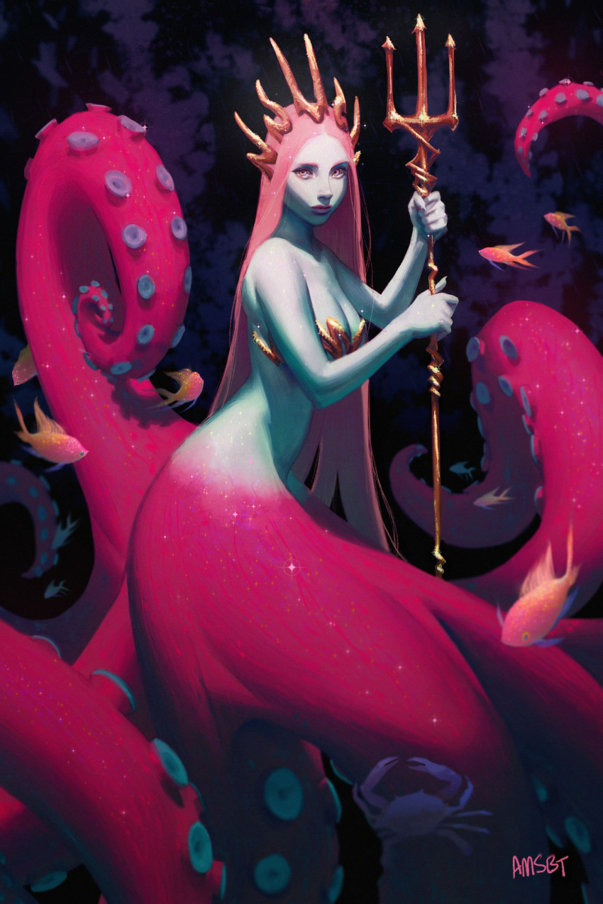 artstation_username bare_arms bare_shoulders breasts closed_mouth commentary crab deviantart_username english_commentary female fish gradient_skin highres holding instagram_username long_hair looking_at_viewer manda_schank original pink_eyes pink_hair polearm solo tentacle trident water weapon