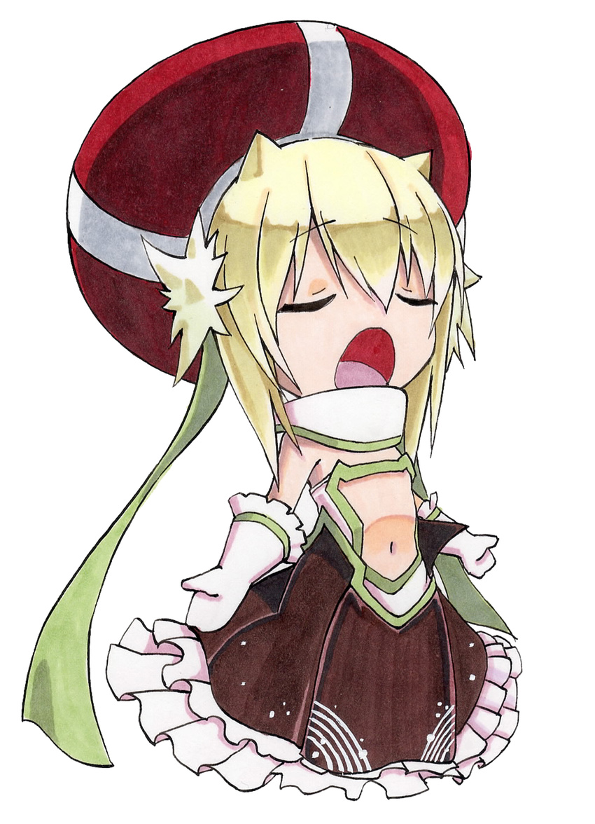 absurdres beret blonde_hair clione closed_eyes commentary cototiworld female frills gloves hat highres marker_(medium) music navel open_mouth photoshop_(medium) simple_background singing skirt solo traditional_media yumekui_merry