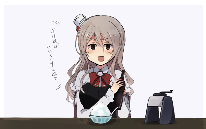 annin_musou bad_id bad_twitter_id bottle brown_eyes female food grey_hair hat highres ice_shaver kantai_collection long_hair mini_hat open_mouth pola_(kancolle) shaved_ice solo tilted_headwear translated