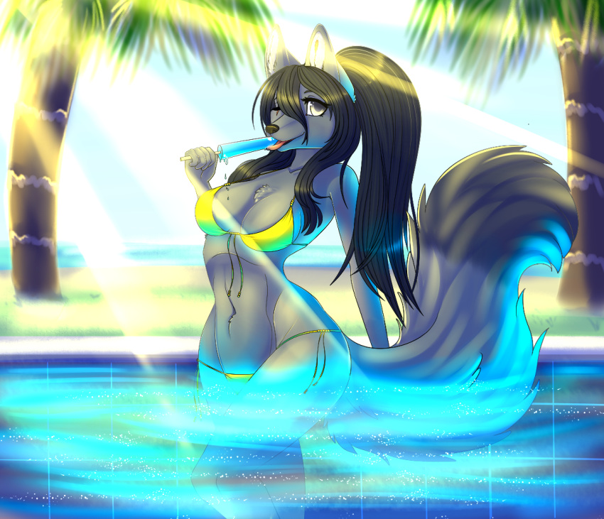 1_eye anthro beach bikini black_hair black_nose breasts canid canine chandraken cleavage clothed clothing detailed_background female food fox fur grey_body grey_eyes grey_fur hair mammal outside popsicle sand scar seaside sky solo summer swimming_pool swimwear tongue vixenchan water wet