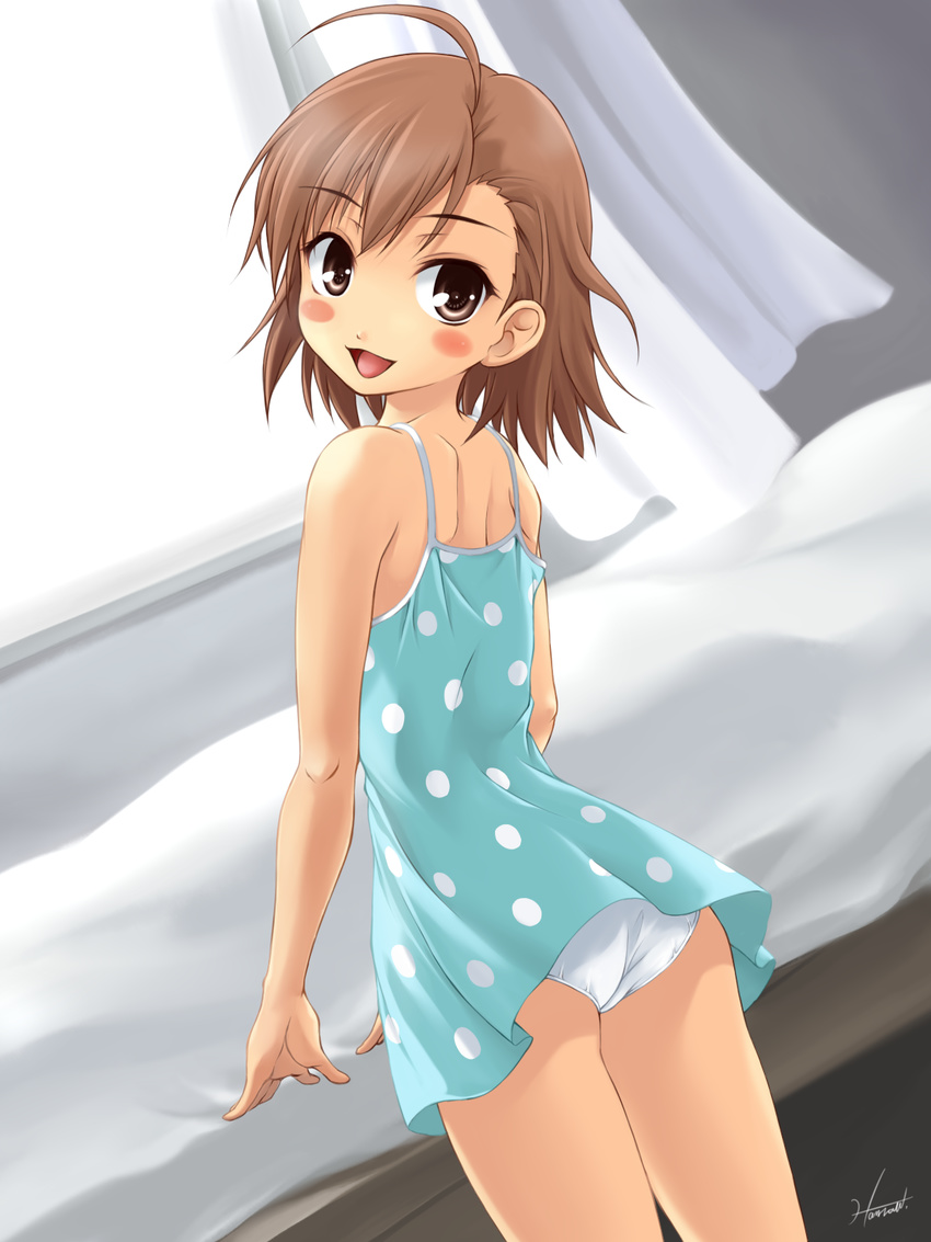 ahoge ass bed blush_stickers brown_eyes brown_hair dress dutch_angle highres kagehara_hanzou last_order panties polka_dot polka_dot_dress short_hair smile solo to_aru_majutsu_no_index underwear