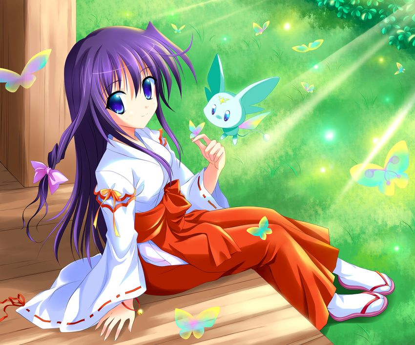 bell blue_eyes butterfly grass japanese_clothes long_hair miko original purple_hair socks wristwear yagami-all_hail_nana