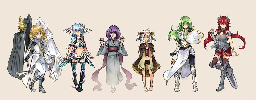 6+girls alpha_(acerailgun) android angel angel_wings anklet armor arms_behind_back asymmetrical_wings barefoot blonde_hair blue_eyes blue_hair boots borrowed_character breasts c-r-y-s cape cassie_(acerailgun) cecilia_(acerailgun) commentary commission cyborg english_commentary erica_(acerailgun) everyone feathered_wings full_body gauntlets ghost greaves green_eyes green_hair hair_ribbon hairband hand_on_hilt high_heel_boots high_heels horns isabelle_(acerailgun) japanese_clothes jewelry kimono knight lolicon long_hair medium_breasts multiple_girls navel original pauldrons pink_eyes pointy_ears polearm purple_hair red_eyes red_hair ribbon rynn_(acerailgun) shield shoulder_armor side_slit simple_background skirt smile spear sword thigh_boots thighhighs transparent very_long_hair weapon white_hair wings yellow_eyes zettai_ryouiki