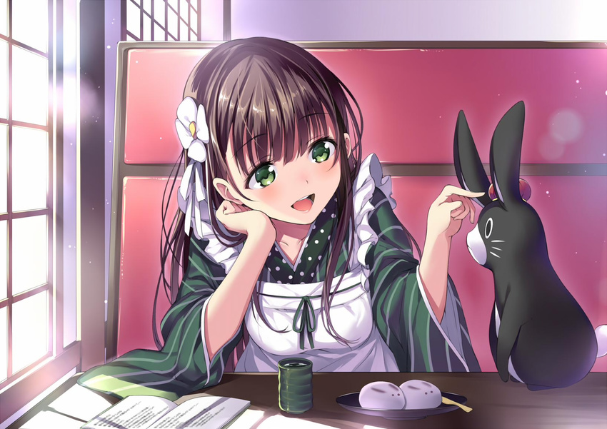 animal anko_(gochuumon_wa_usagi_desu_ka?) book brown_hair drink food gan_(shanimuni) gochuumon_wa_usagi_desu_ka? green_eyes long_hair maid rabbit ujimatsu_chiya waitress