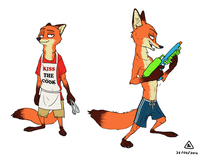 2016 anthro apron bottomwear canid canine clothed clothing cooking_tongs disney fox front_view half-closed_eyes hi_res holding_object holding_weapon kitchen_utensils looking_at_viewer male mammal narrowed_eyes nick_wilde open_mouth pants red_fox shirt side_view signature simple_background summer swimming_trunks swimwear thatotherwhaleoil tongs tools topless topwear toy toy_gun true_fox water_gun weapon white_background zootopia