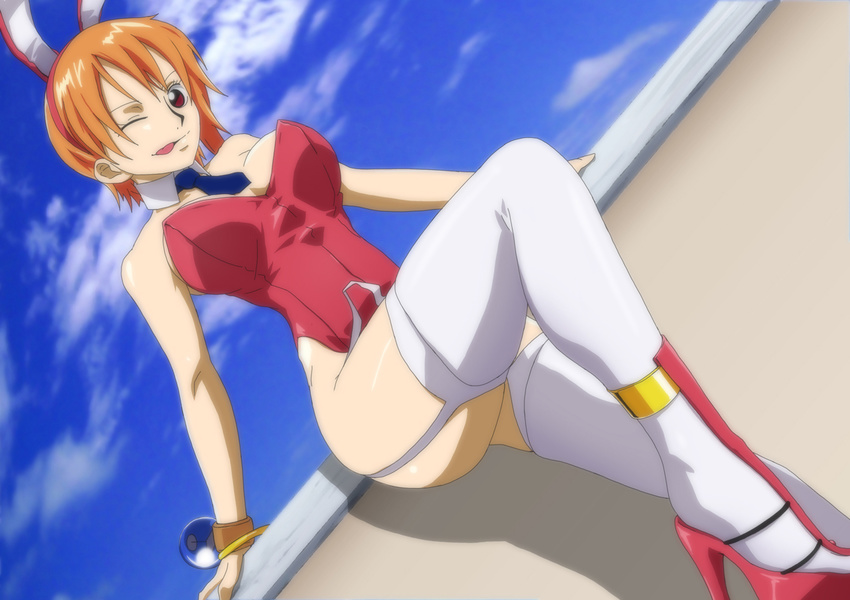 animal_ears ass bare_shoulders bracelet breasts bunny_ears bunny_girl bunnysuit cleavage cloud feet female garter_belt garter_straps high_heels jewelry kyabakurabakufu large_breasts leg_up legs looking_at_viewer nami nami_(one_piece) naughty_face necktie one_piece orange_hair red_eyes shoes short_hair sky smile solo standing thighhighs thighs tongue tongue_out wink