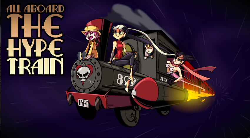 4girls aeon_(skullgirls) animal animal_on_head bad_link bare_shoulders bird bird_on_head black_hair breasts capri_pants chinese_clothes closed_eyes crossed_legs eyeshadow feng_(skullgirls) flats glasses hat hood locomotive long_hair makeup medium_breasts multicolored_hair multiple_girls on_head pants pink_hair raincoat red_eyes rocket scarf short_hair siblings sisters sitting skullgirls steam_locomotive train twintails two-tone_hair umbrella_(skullgirls) vambraces venus_(skullgirls) white_hair zone_(artist)