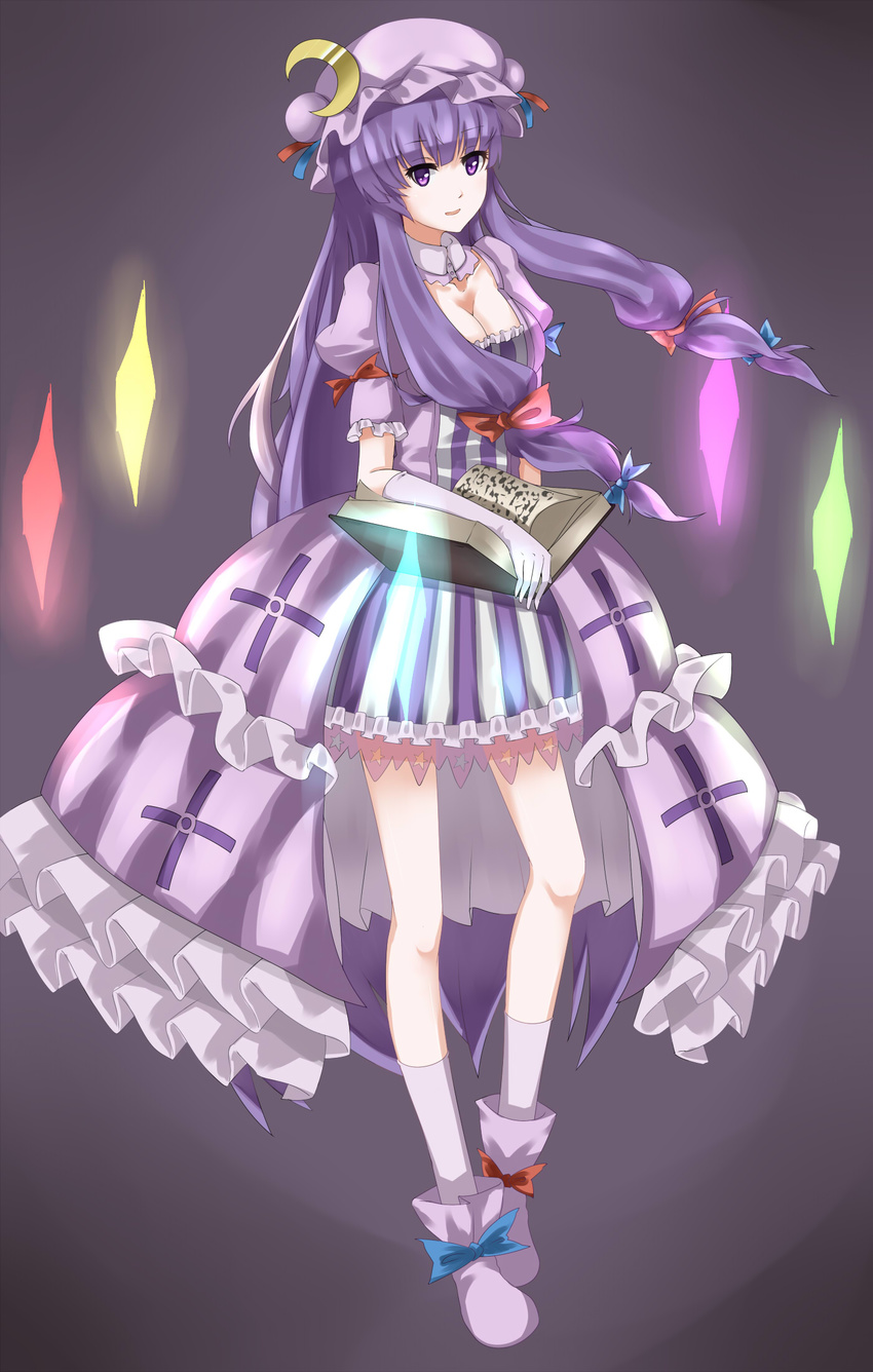 adapted_costume book boots breasts cleavage commentary crescent crystal detached_collar female full_body gloves gosledging hair_ribbon hat highres long_hair medium_breasts patchouli_knowledge philosopher's_stone purple_hair ribbon simple_background solo touhou