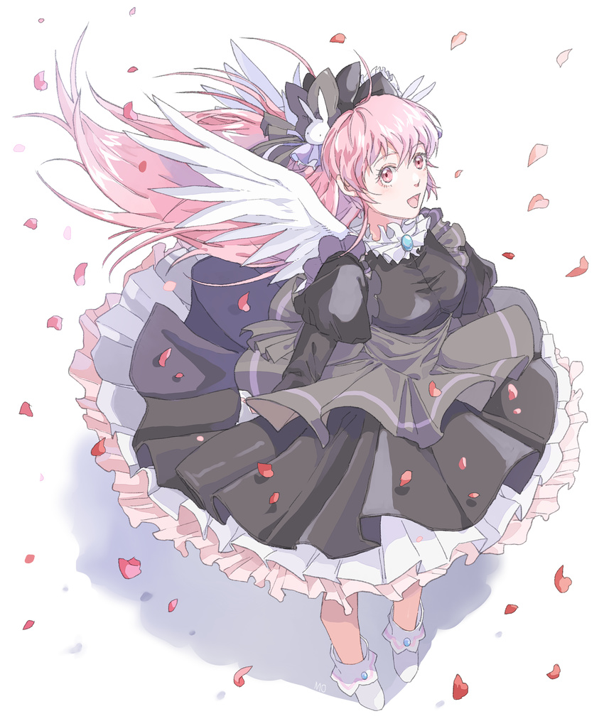 :d absurdres angel_wings bad_id bad_pixiv_id black_bow black_dress bow chya dress feathered_wings female floating_hair from_above full_body hair_ornament hairbow highres long_hair long_sleeves misha_(pita_ten) open_mouth petals pink_eyes pink_hair pita_ten puffy_long_sleeves puffy_sleeves rabbit_hair_ornament smile solo very_long_hair white_background white_footwear white_wings wind wings