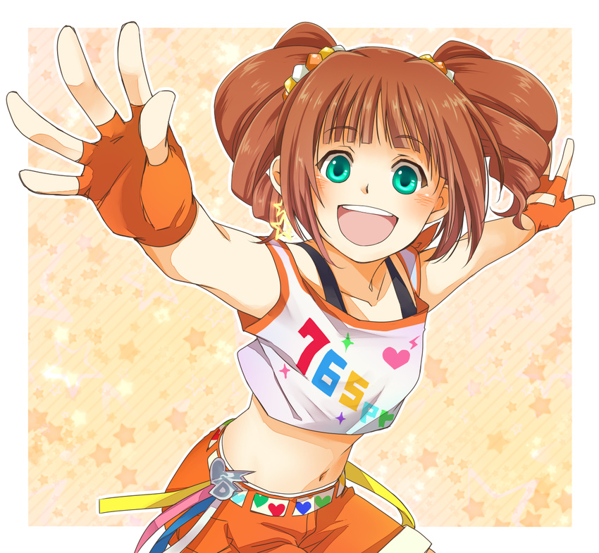 brown_hair commentary_request female fingerless_gloves gloves green_eyes highres idolmaster idolmaster_(classic) kashiwa_mochi_(tsuni) long_hair midriff orange_shorts perspective shorts solo street_hopper_(idolmaster) takatsuki_yayoi twintails