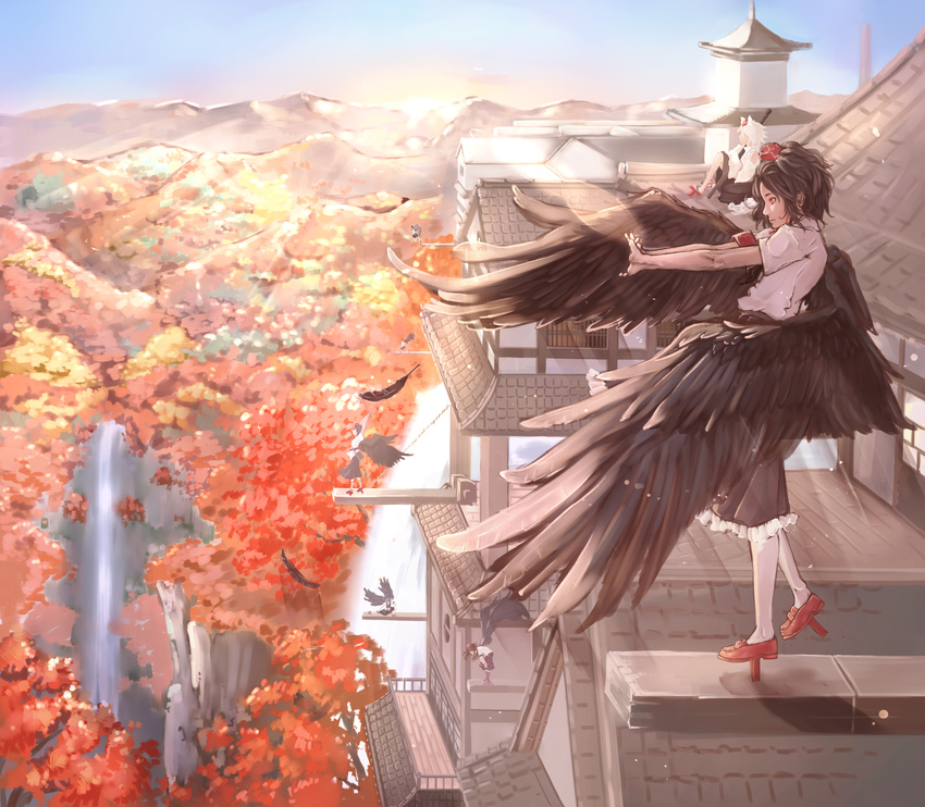 6+girls alternate_eye_color architecture armband autumn autumn_leaves bent_over black_feathers black_skirt black_vest black_wings blue_sky brown_hair cliff closed_mouth commentary_request day east_asian_architecture expressionless extra faceless feathered_wings feathers flying frilled_skirt frills from_side geta hat highres himekaidou_hatate horizon inubashiri_momiji knee_up leg_ribbon long_skirt looking_afar morning mountain multiple_girls nagi_(xx001122) orange_eyes outdoors outstretched_arms pagoda profile red_footwear red_headwear ribbon rooftop scenery shameimaru_aya shirt shoes short_hair short_sleeves sitting skirt sky solo_focus standing stretching sun sunburst sunlight sword tengu-geta tokin_hat touhou tower twintails vest wavy_hair weapon white_hair white_shirt wings wooden_beam youkai_mountain