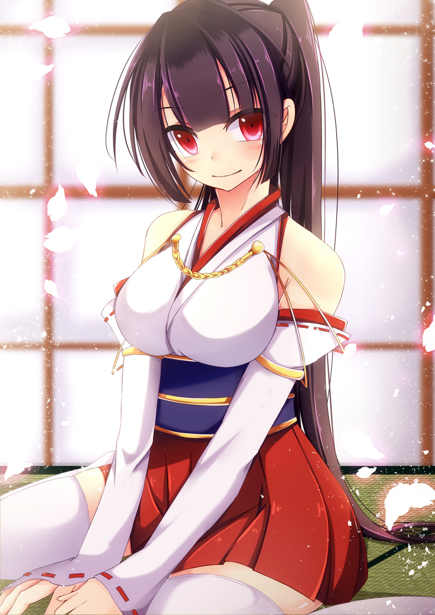 black_hair bloodcatblack blush breasts commentary_request detached_sleeves female highres japanese_clothes large_breasts looking_at_viewer miko original ponytail red_eyes sitting smile solo tatami thighhighs v_arms wariza zettai_ryouiki