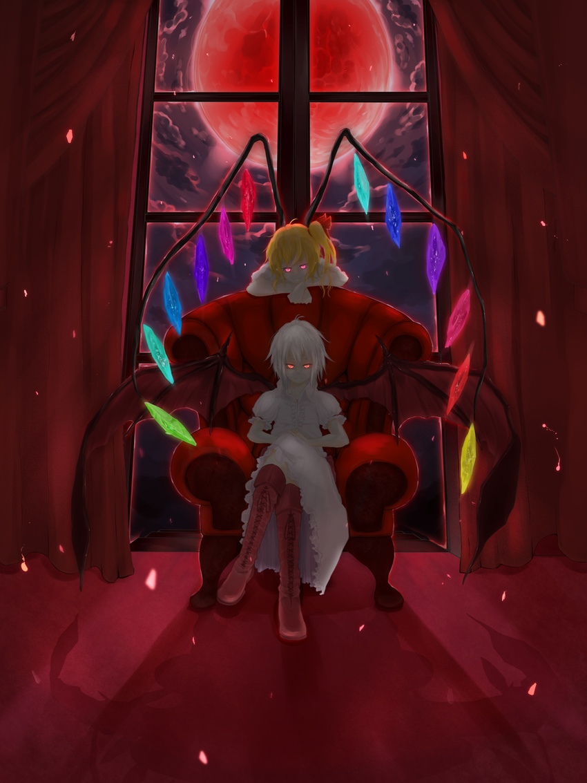 2girls absurdres alternate_eye_color backlighting bat_wings blonde_hair boots chair cloud collared_dress commentary_request crossed_legs curtains dark dress flandre_scarlet full_moon glowing glowing_eyes hair_between_eyes hands_on_own_knee head_tilt highres indoors knee_boots light_particles moon multiple_girls nagi_(xx001122) night night_sky no_headwear pink_dress pink_eyes pointy_ears red_eyes red_moon remilia_scarlet shirt siblings side_ponytail sisters sitting sky smile touhou white_hair white_shirt wings