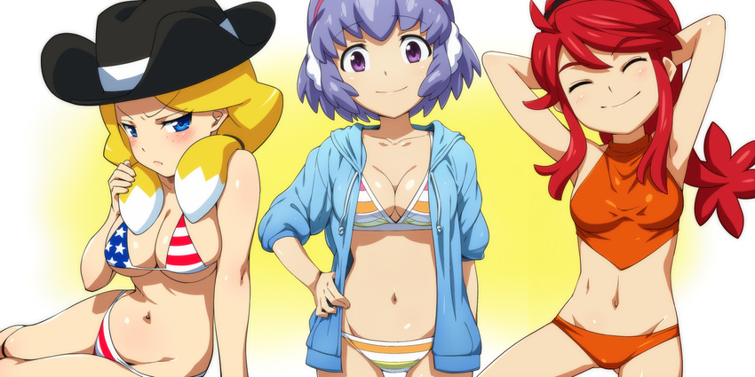 3girls :t american_flag american_flag_bikini american_flag_print arms_behind_head bikini blonde_hair blue_eyes blush breasts cleavage closed_eyes danball_senki earmuffs flag_print groin hairu hanasaki_ran hand_on_own_hip hat hood hoodie jessica_kaios kawamura_ami looking_at_viewer medium_breasts midriff multiple_girls navel ponytail print_bikini purple_eyes purple_hair red_hair smile striped_bikini striped_clothes swimsuit twintails underboob