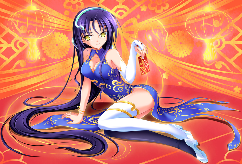 blue_hair breasts chinese_clothes chinese_dress cleavage elbow_gloves long_hair original thighhighs wristwear yagami-all_hail_nana yellow_eyes