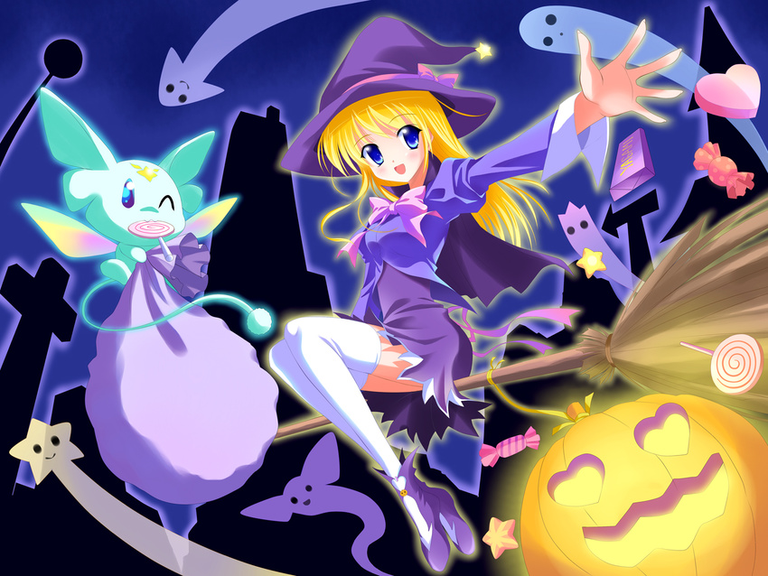 blonde_hair blue_eyes bow candy cape halloween hat lollipop long_hair original pumpkin thighhighs witch witch_hat yagami-all_hail_nana