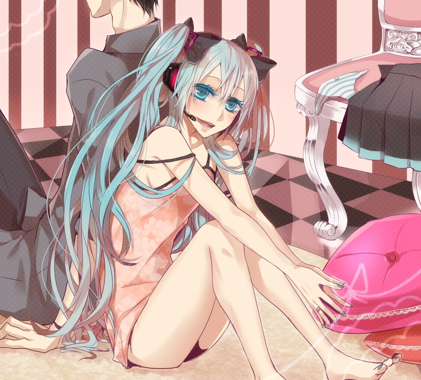 1boy aqua_eyes aqua_hair back-to-back barefoot bow checkered_floor cushion female hairbow hatsune_miku head_out_of_frame headset highres jewelry legs long_hair nail_polish open_mouth ring shimatani_(ayumei) sitting solo_focus strap_slip twintails very_long_hair vocaloid