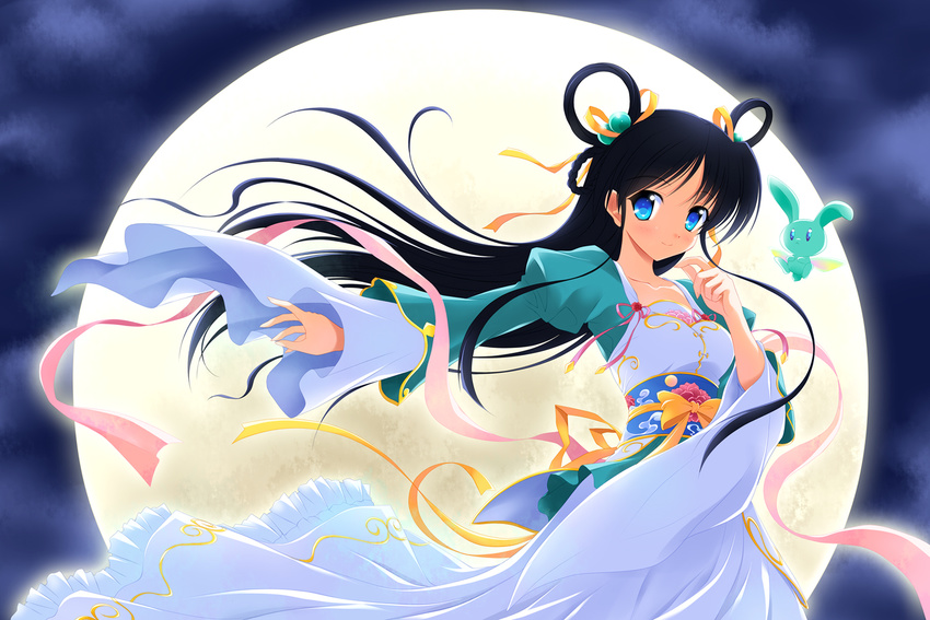 black_hair blue_eyes chinese_clothes long_hair moon night original ribbons yagami-all_hail_nana