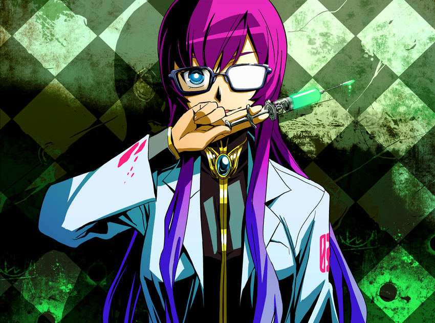 bespectacled blood blue_eyes cthulhu_mythos female glasses herbert_west herbert_west_~_reanimator lab_coat long_hair maxgonta megurine_luka parody photoshop_(medium) pink_hair re-animator smile solo syringe vocaloid