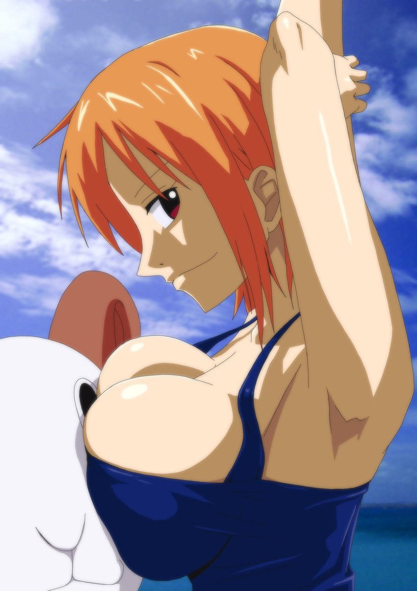 armpits arms_up bare_shoulders breast_press breasts cleavage cloud female going_merry highres huge_breasts kyabakurabakufu looking_at_viewer nami nami_(one_piece) no_bra one_piece orange_hair pirate red_eyes short_hair sky smile solo standing