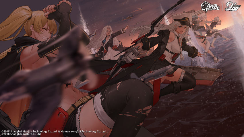 5girls absurdres aircraft azur_lane bare_shoulders belt bikini bikini_top_only black_bikini black_coat black_shorts black_skirt black_thighhighs blonde_hair boots bow_(weapon) breasts clenched_teeth cloak closed_eyes coat commentary_request compound_bow cutoffs dishwasher1910 dutch_angle elbow_gloves enterprise_(azur_lane) f4u_corsair fingerless_gloves flight_deck floating_hair gloves hammann_(azur_lane) hat highres holding hornet_(azur_lane) large_breasts long_hair looking_at_viewer military_hat miniskirt motion_blur multiple_girls navel ocean official_art outdoors outstretched_arm peaked_cap pleated_skirt portland_(azur_lane) shirt short_shorts shorts skirt sleeveless sleeveless_shirt swimsuit teeth thighhighs torn_clothes torn_thighhighs turret twintails water weapon white_hair white_shirt yorktown_(azur_lane)