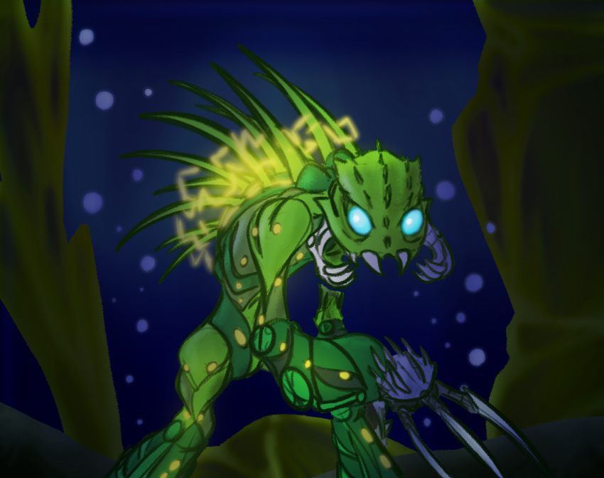 3_fingers air_bubble ambiguous_gender anthro armor arthropod back_spikes barraki bionicle biped blue_eyes bubble claws deterex525 digital_drawing_(artwork) digital_media_(artwork) ehlek electricity fingers green_body green_skin head_spikes hi_res insects lego long_claws looking_at_viewer machine mandibles marine melee_weapon robot sharp_teeth simple_background solo spikes spikes_(anatomy) standing teeth underwater water weapon