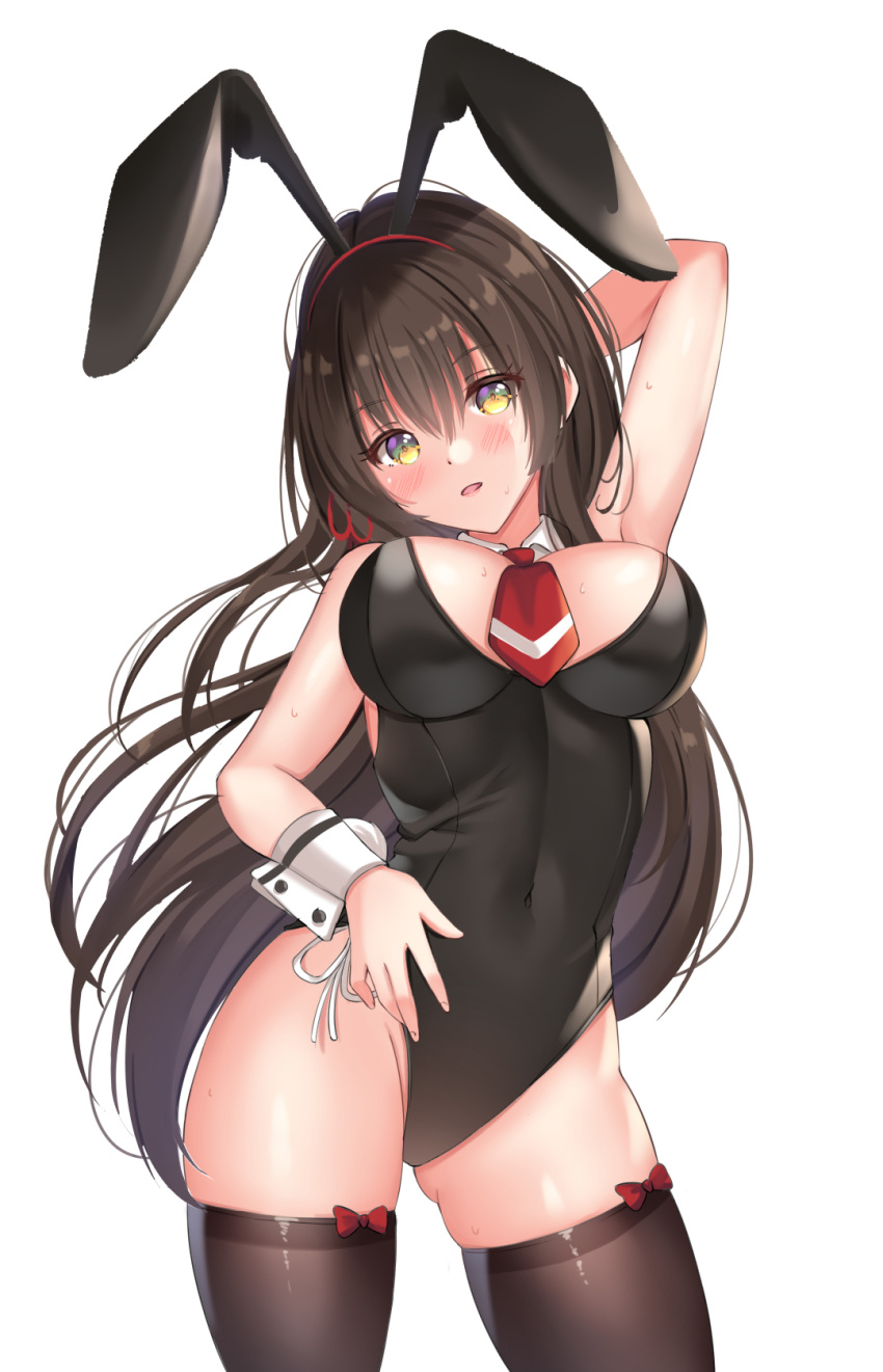 alternate_costume animal_ears arm_up armpit_peek ass_visible_through_thighs between_breasts black_thighhighs blackheartxiii blush breasts brown_hair cleavage commentary_request contrapposto covered_navel cowboy_shot detached_collar fake_animal_ears female highres kawaikereba_hentai_demo_suki_ni_natte_kuremasu_ka? large_breasts long_hair looking_at_viewer necktie necktie_between_breasts parted_lips playboy_bunny rabbit_ears red_necktie short_necktie simple_background skindentation sleeveless solo straight_hair sweat taut_clothes thighhighs thighs tokihara_sayuki white_background wrist_cuffs yellow_eyes