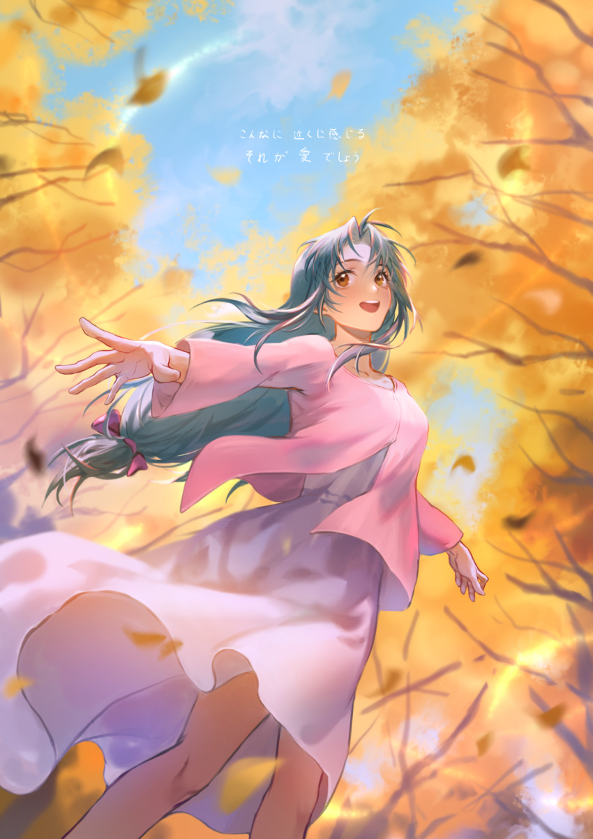 autumn_leaves bare_legs blue_hair blurry breasts brown_eyes chidori_kaname cloud cloudy_sky commentary_request cowboy_shot day depth_of_field dress falling_leaves female from_below full_metal_panic full_metal_panic?_fumoffu highres leaf long_hair long_sleeves lorein low-tied_long_hair lyrics medium_breasts open_mouth outdoors outstretched_arms parted_bangs shirt sky smile solo translated tree