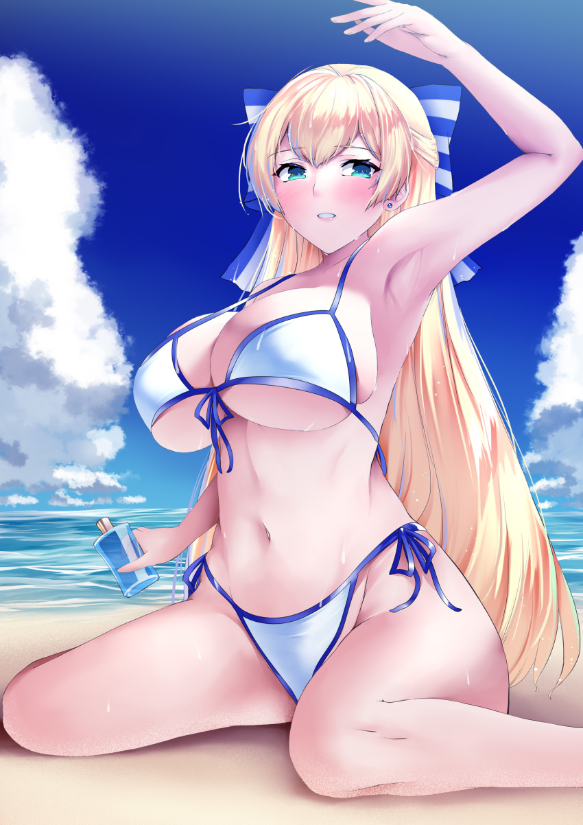 absurdres anesaki beach bikini blonde_hair blue_sky bottle breasts cendrillion_(wonderland_wars) cleavage cloud day female front-tie_top green_eyes highres horizon large_breasts long_hair looking_at_viewer lotion ocean outdoors side-tie_bikini_bottom sitting sky solo sunscreen swimsuit wariza white_bikini wonderland_wars