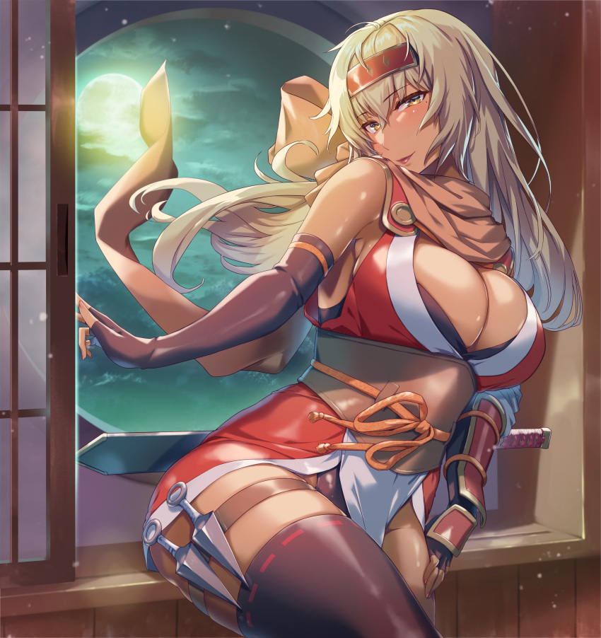 absurdres alternate_costume armpits black_gloves blonde_hair boots breasts brown_cape cape cleavage commission commissioner_upload dark-skinned_female dark_skin dress elbow_gloves english_commentary female fire_emblem fire_emblem:_the_binding_blade fire_emblem_heroes full_moon gloves highres igrene_(fire_emblem) igrene_(ninja)_(fire_emblem) knife large_breasts long_hair looking_at_viewer mixed-language_commentary mole mole_under_eye moon night ninja official_alternate_costume red_dress sajittari short_dress skeb_commission smile solo sword thigh_boots thighhighs thighs weapon yellow_eyes