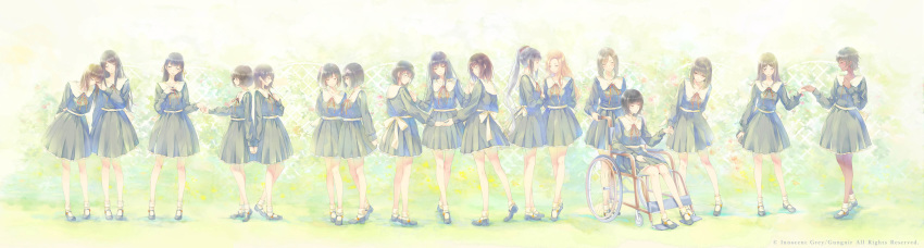 6+girls aberia_floa black_dress black_footwear black_hair blonde_hair bobby_socks brown_hair commentary_request dalia_basquiat dark_skin dress flower flowers_(innocent_grey) glasses grey_hair hagiwara_mio hair_flower hair_ornament hair_ribbon hair_scrunchie hairclip hanabishi_rikka highres hokama_mizuki holding_hands innocent_grey katabami_tamaki kifune_sayuri komikado_nerine kousaka_mayuri long_hair mary_janes multiple_girls one_side_up pink_scrunchie ponytail ribbon sasaki_ichigo sasaki_ringo school_uniform scrunchie shirahane_suou shoes short_hair sion_basquiat socks straight_hair sugina_miki takasaki_chidori time_paradox tsuwabuki_chika wavy_hair wheelchair white_legwear yaegaki_erika yatsushiro_yuzuriha